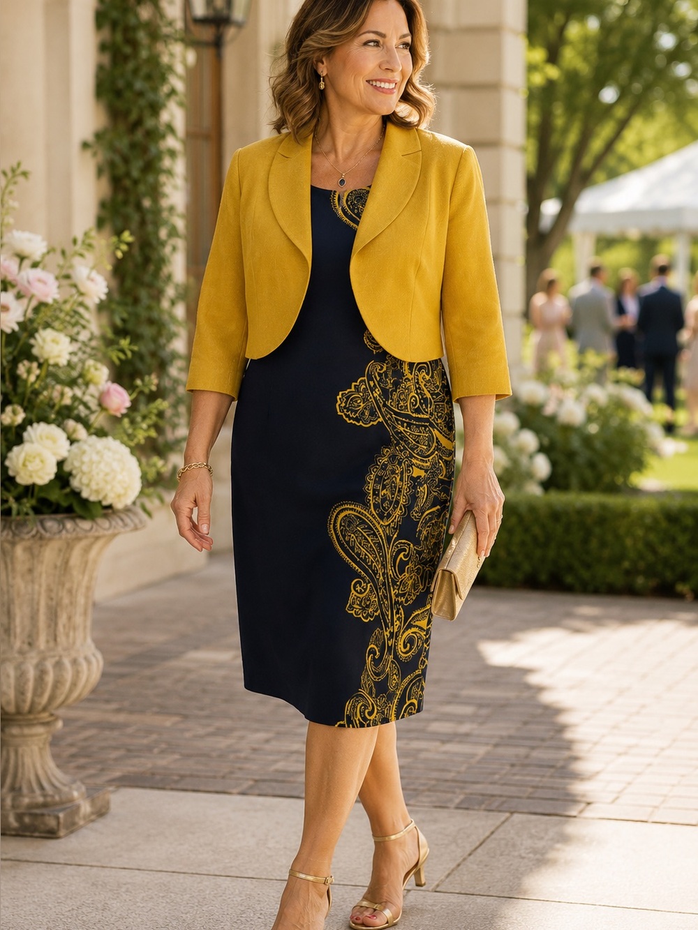 Maya Brooke 2 Piece Dress Jacket Set 14W Navy Gold Paisley Sheath Plus Size